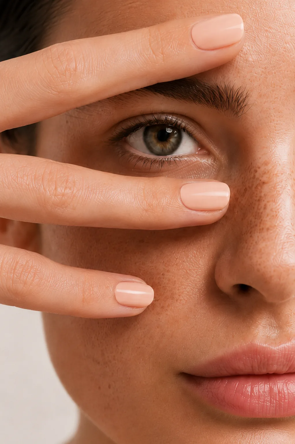 A hand with a pale pink manicure held over a face
