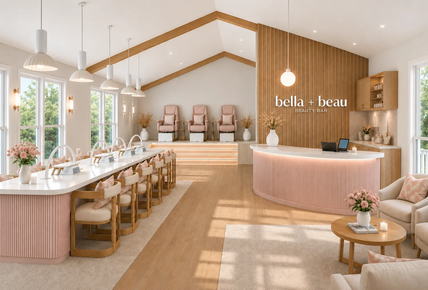 The Bella + Beau Beauty Bar space, with pedicure chairs and a front desk